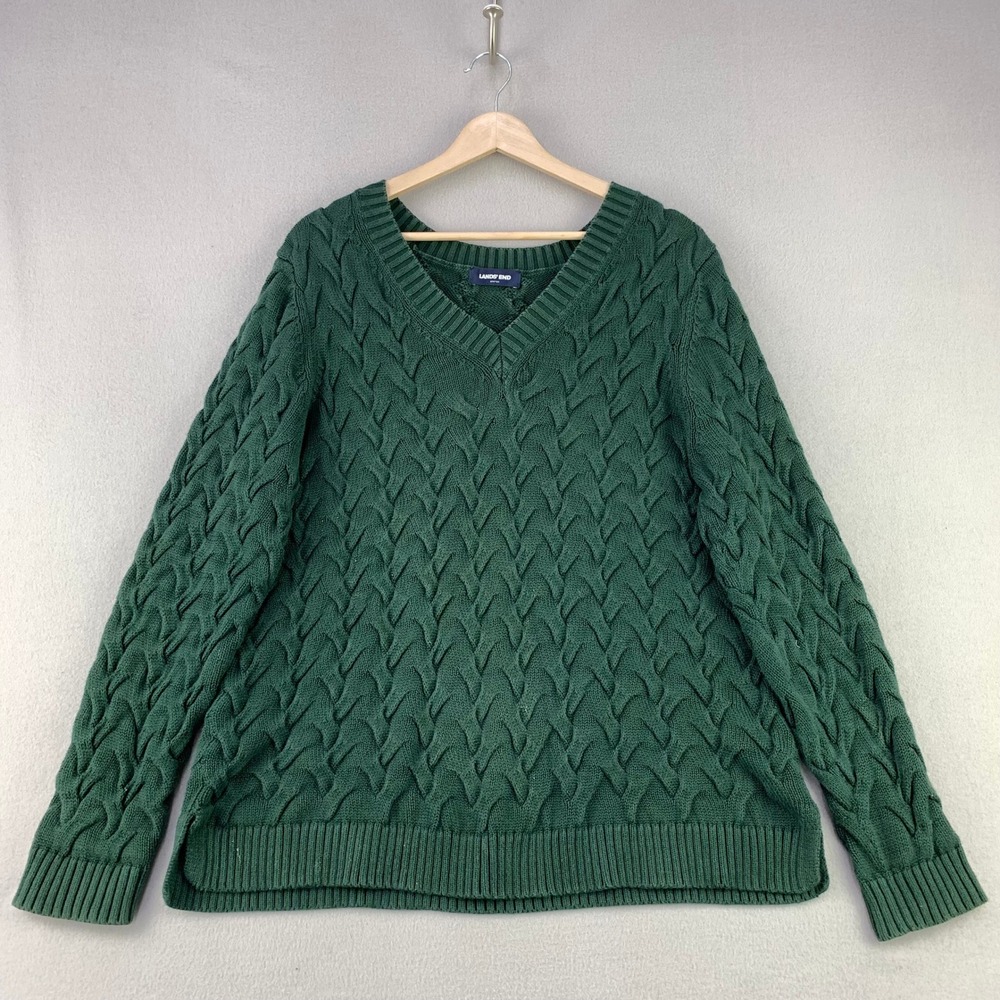 Lands End Drifter Sweater Womens Large Green Cable Knit Fisherman V-Neck Cotton